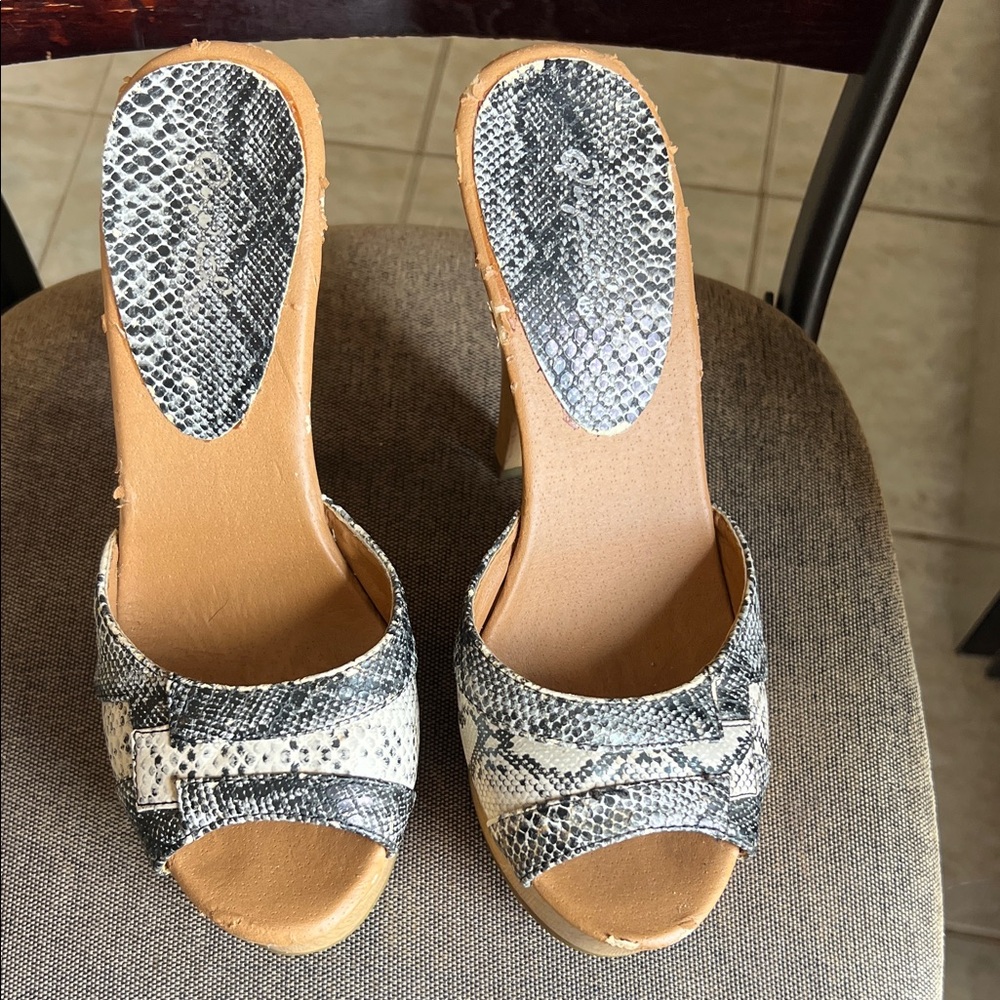 Snake-Print Slip-On Heeled Sandals in Black & White